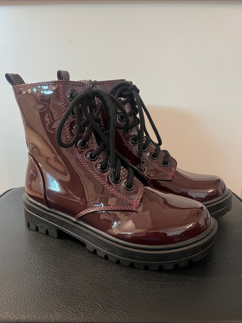 Soda Burgundy Patent Lace-Up Combat Boots